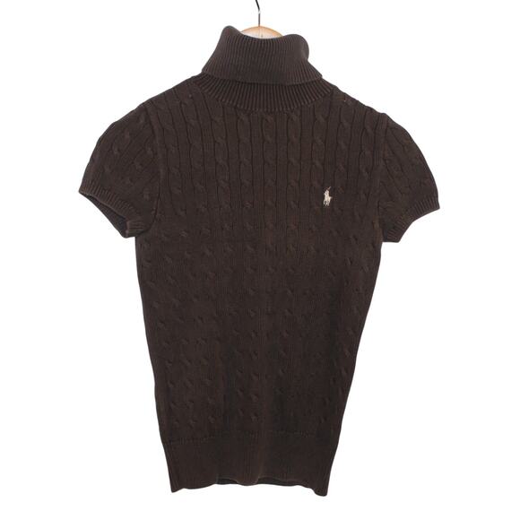 Ralph Lauren 90s Sport Brown Sweater Turtle Neck Short Cap Sleeve M Cable Knit - Picture 1 of 8